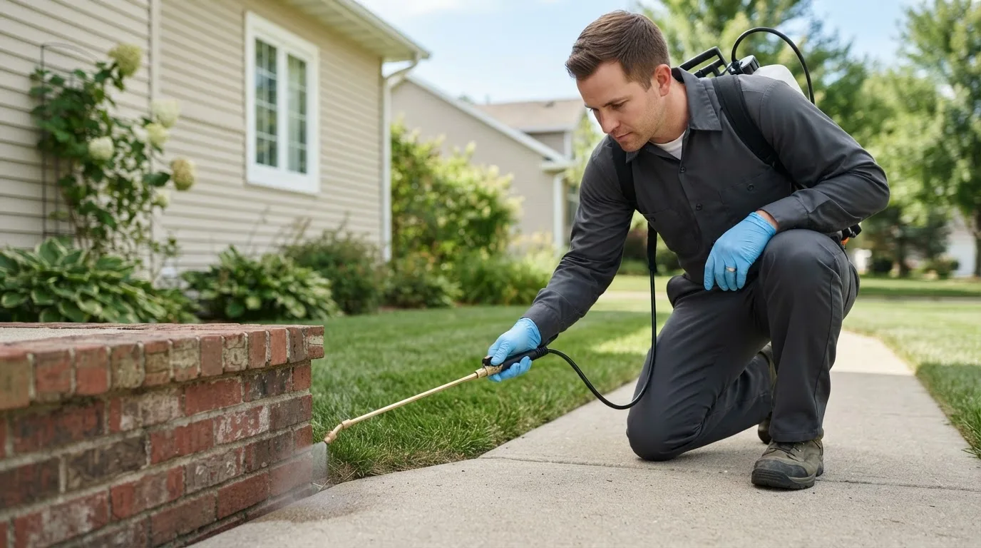 Pest control technician treating a home near Wellington, MO