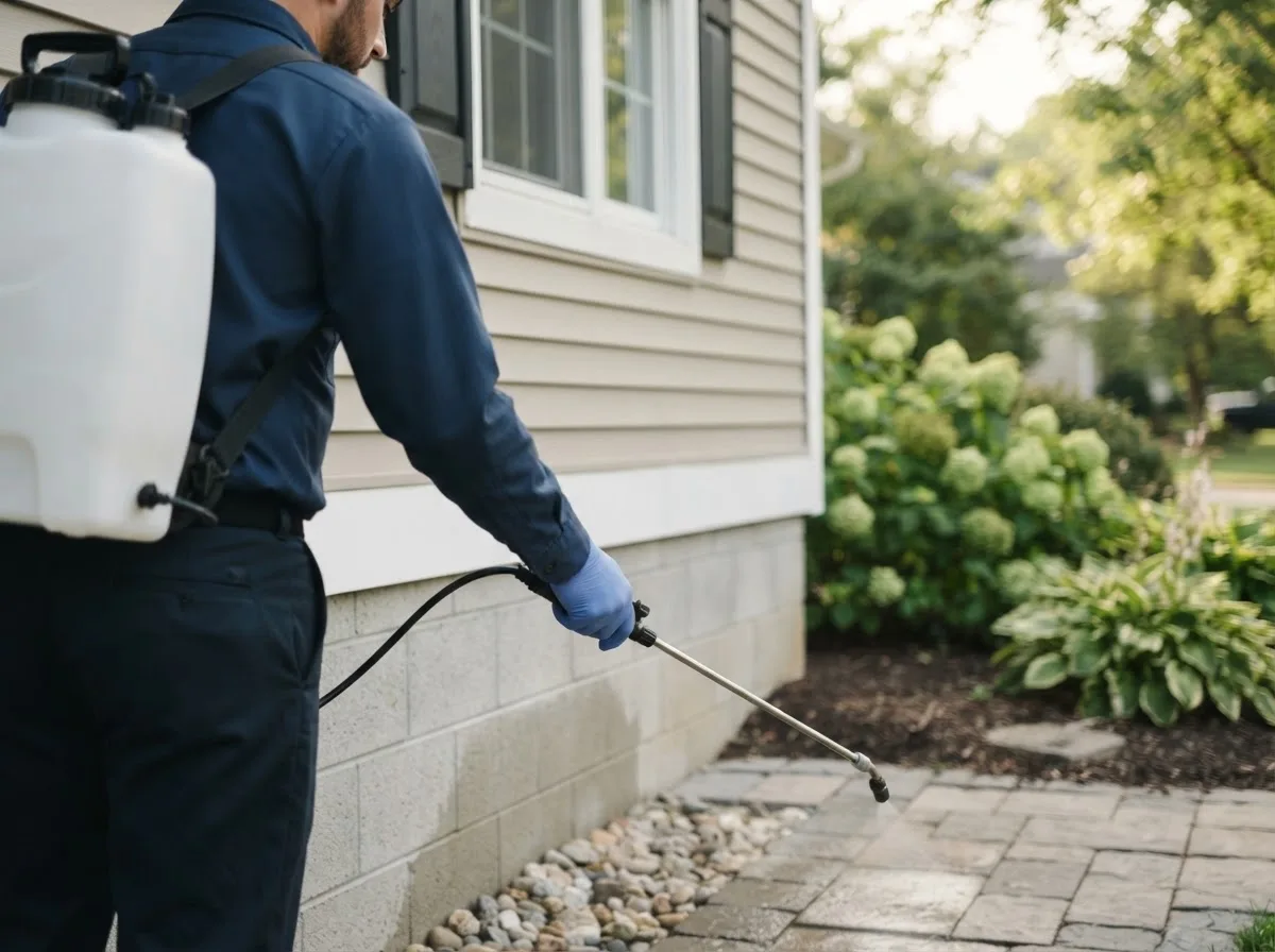 Pest control technician inspecting a home in Wellington, MO